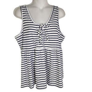 Maurices Womens Babydoll Peplum Tank Top Large White Navy Blue Striped Lace Up